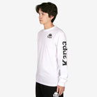 Person wearing a white long-sleeve shirt with Kappa logo on a white background