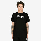 Person wearing a black Kappa t-shirt on a white background