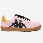 Pink sneaker with black logo and yellow pattern on a white background