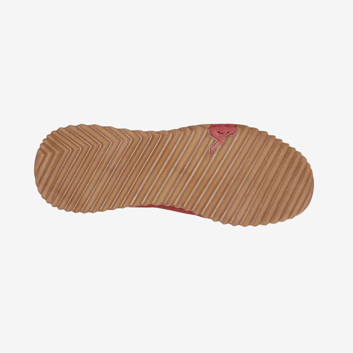 Brown sole of a shoe with a red logo on a white background