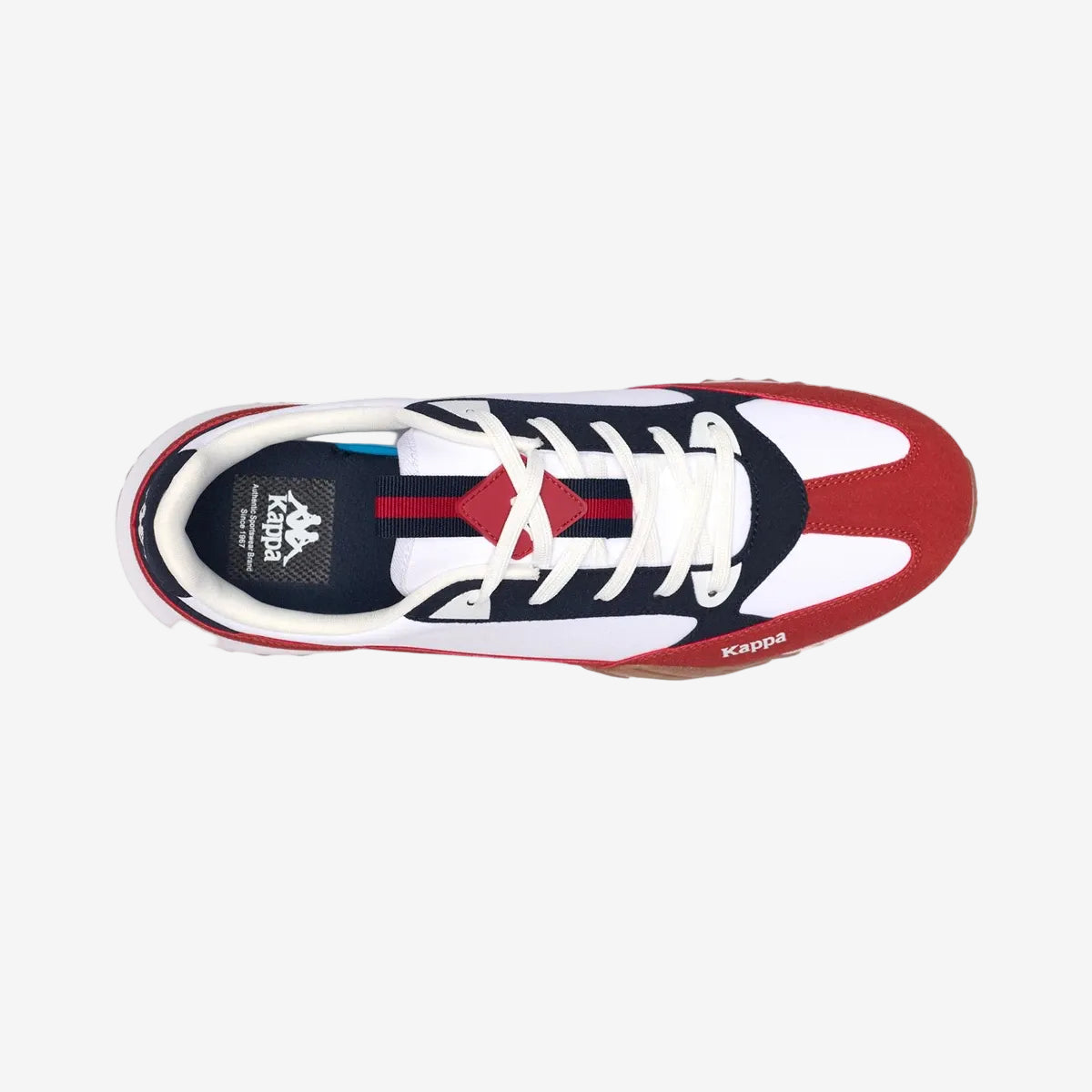Top view of a red, white, and blue sneaker on a white background.
