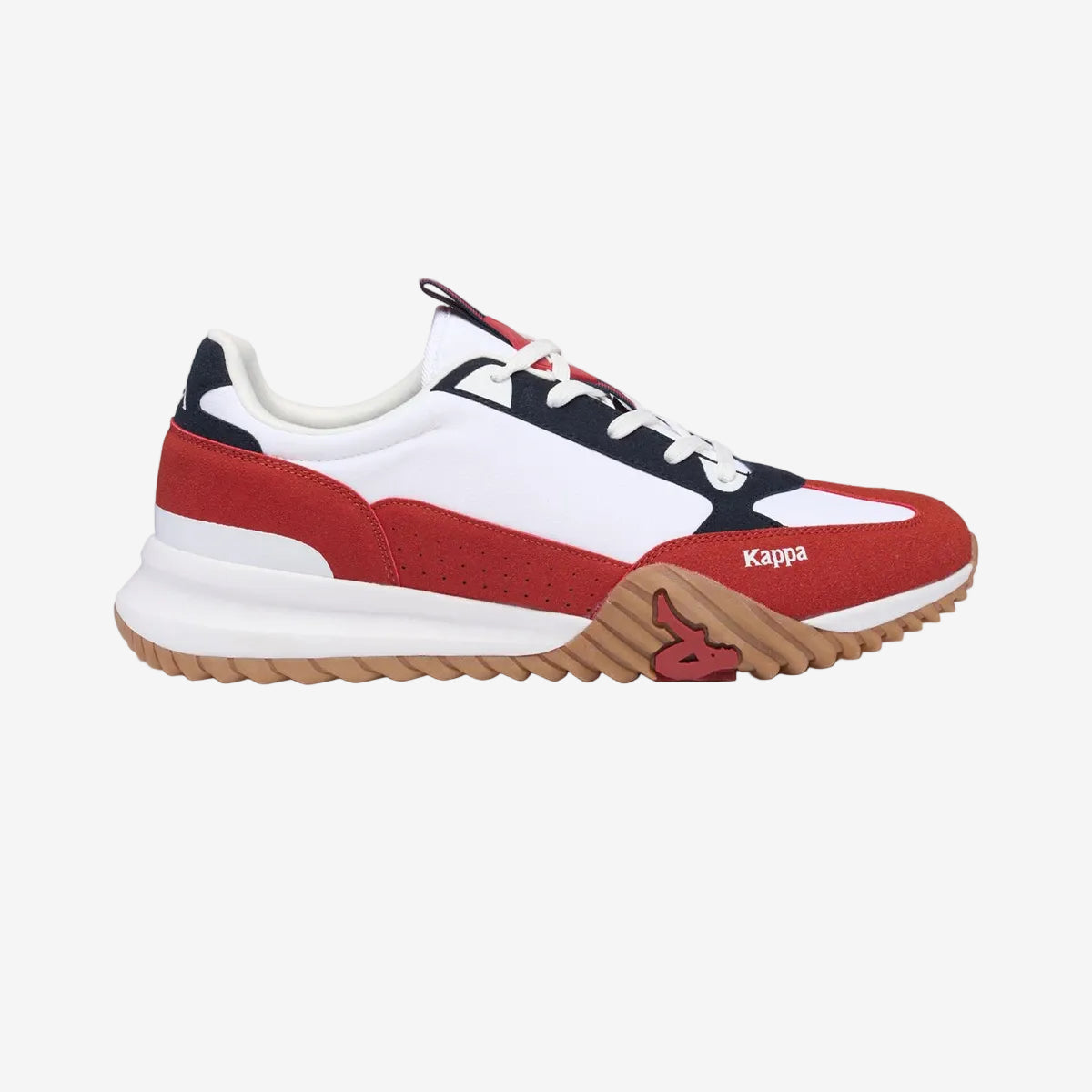 A pair of Kappa Authentic Arklow 1 sneakers in white, blue, and red colors with a rubber outsole.