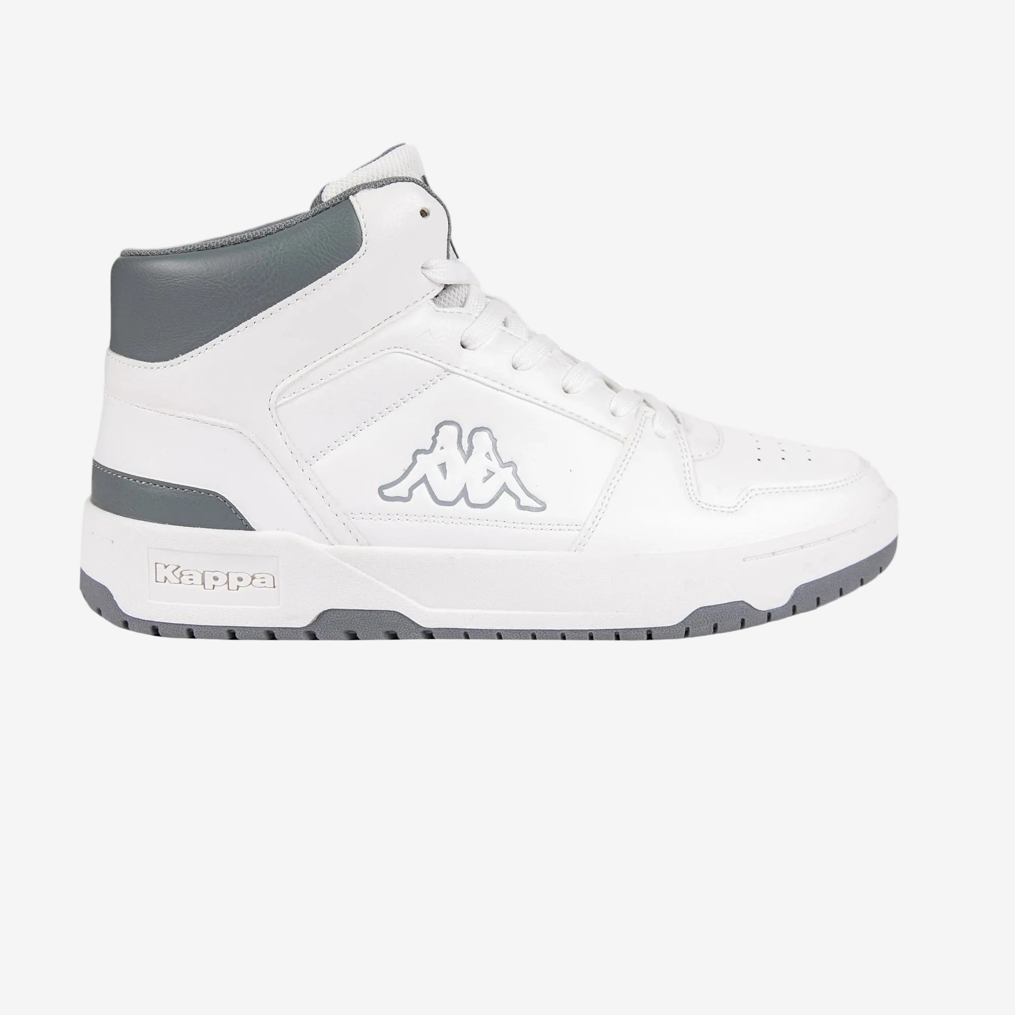 White high-top sneaker with gray accents on a white background