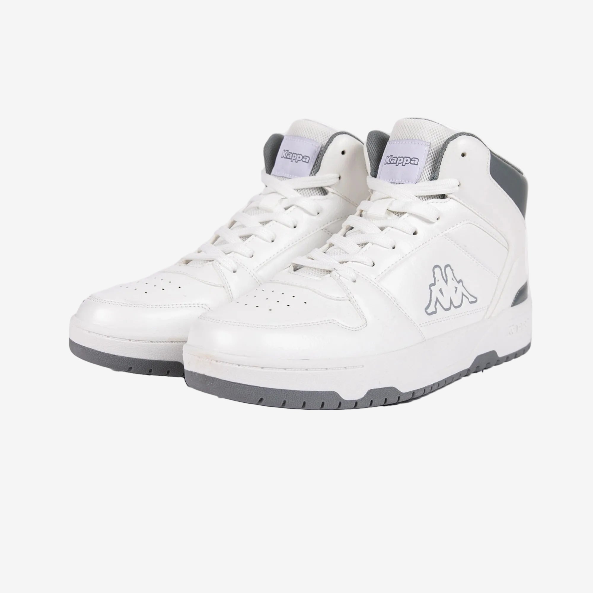 White high-top sneakers with gray accents on a white background