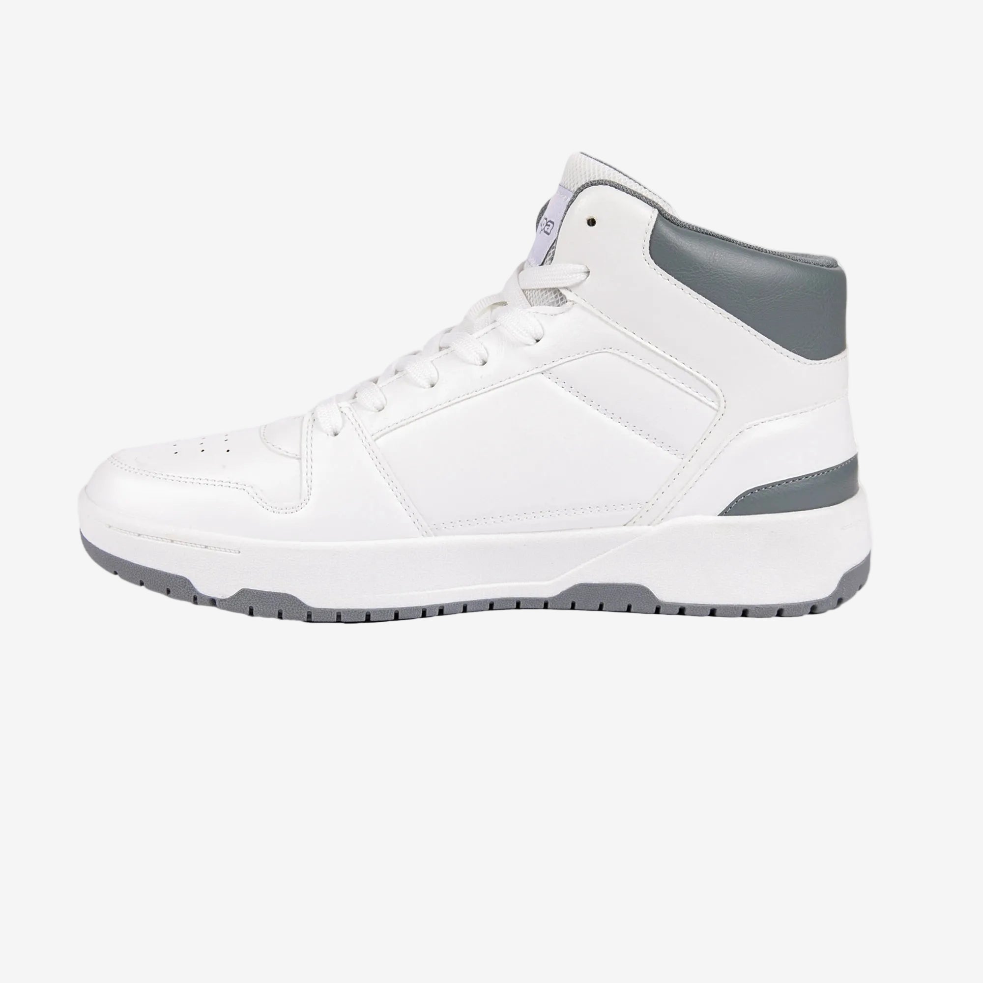 White high-top sneaker with gray accents on a white background