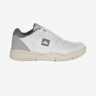 A pair of low-top sneakers with white upper material and grey accents, featuring a hook and loop fastener closure and a rubber outsole.