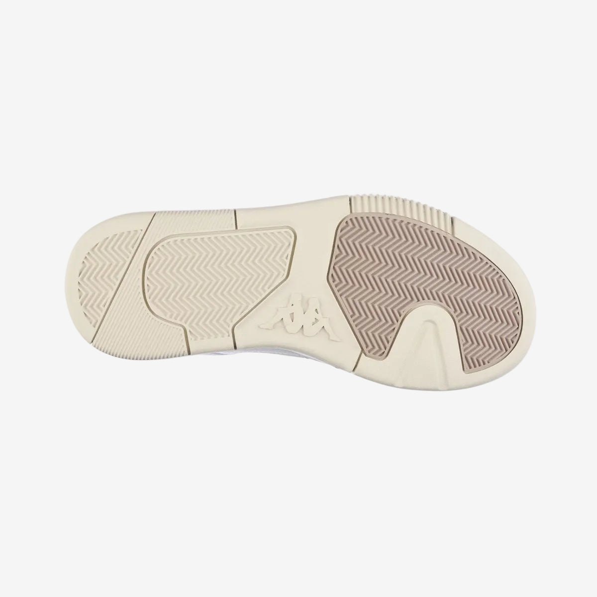 Bottom view of a beige sneaker sole on a white background