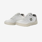 White sneakers with a logo on a white background