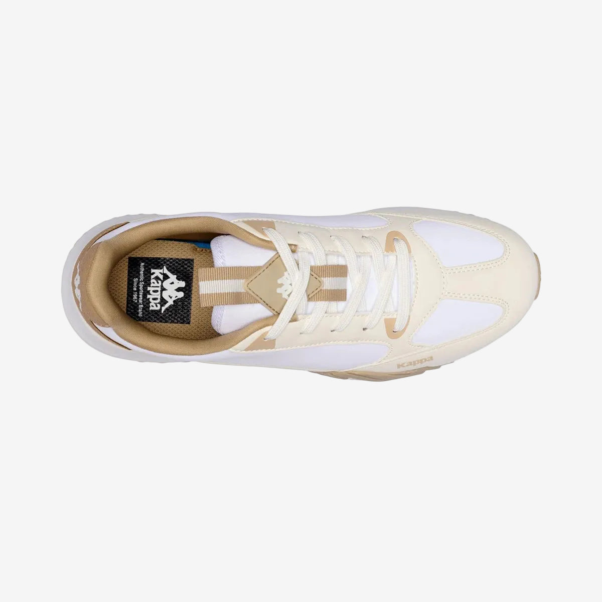 Beige and white sneaker from above on a white background