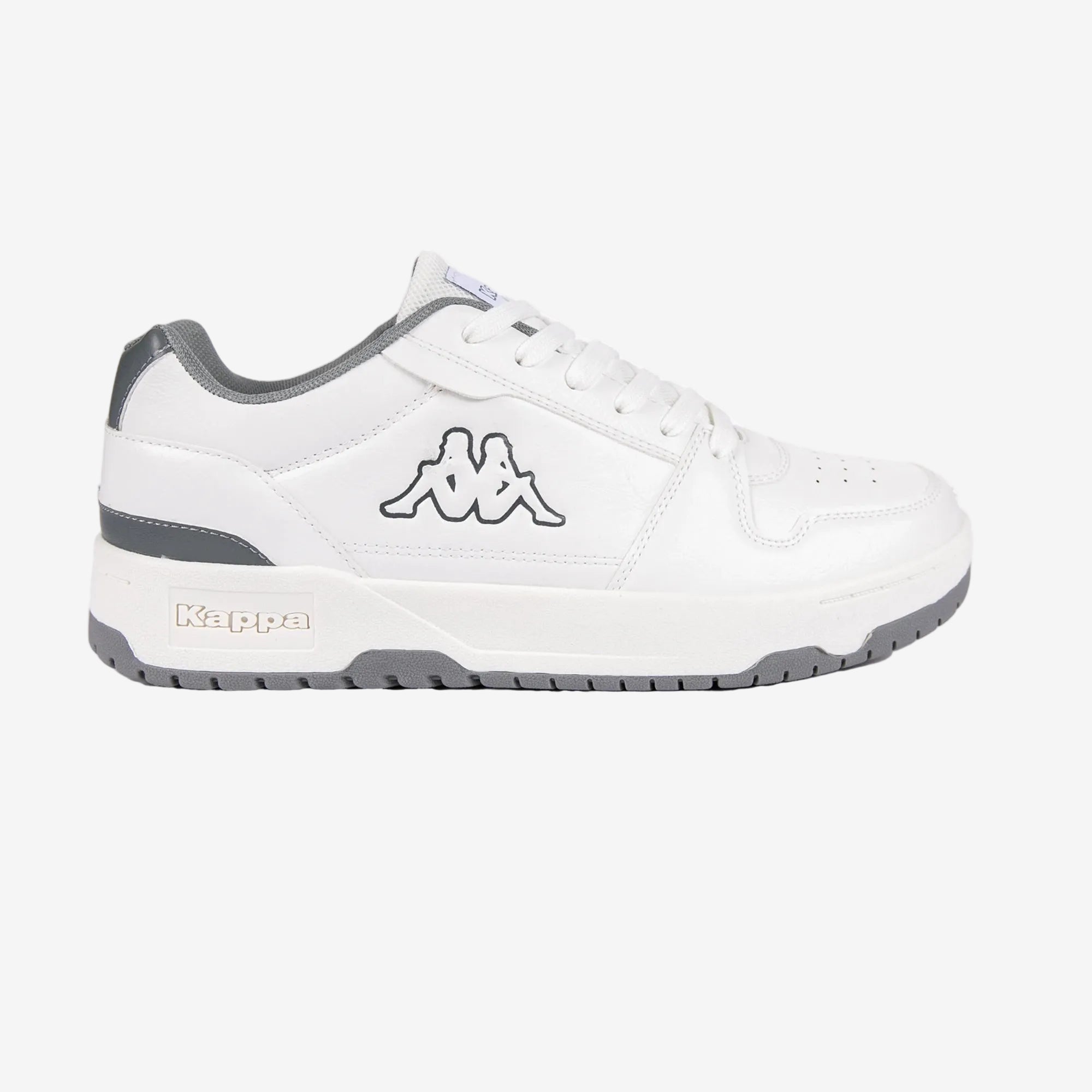 White athletic shoe with gray accents on a white background