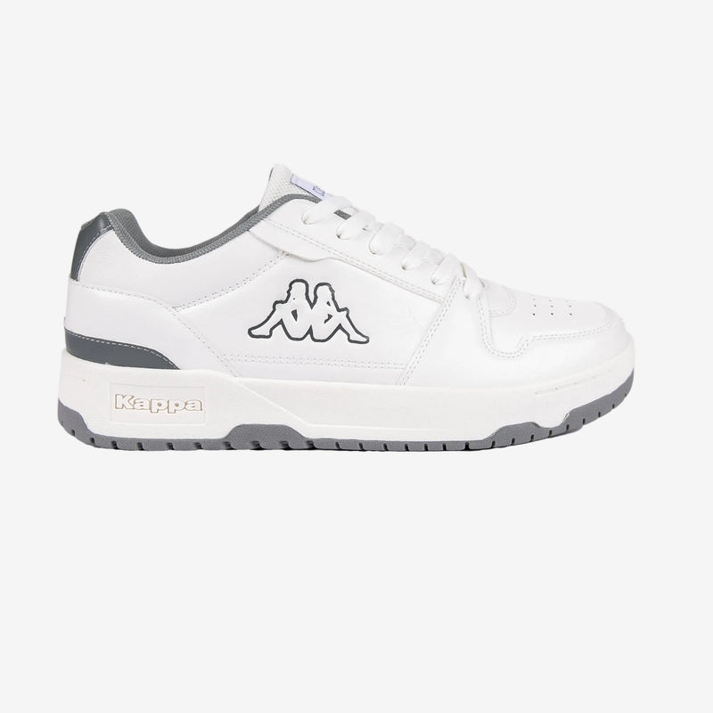 White athletic shoe with gray accents on a white background