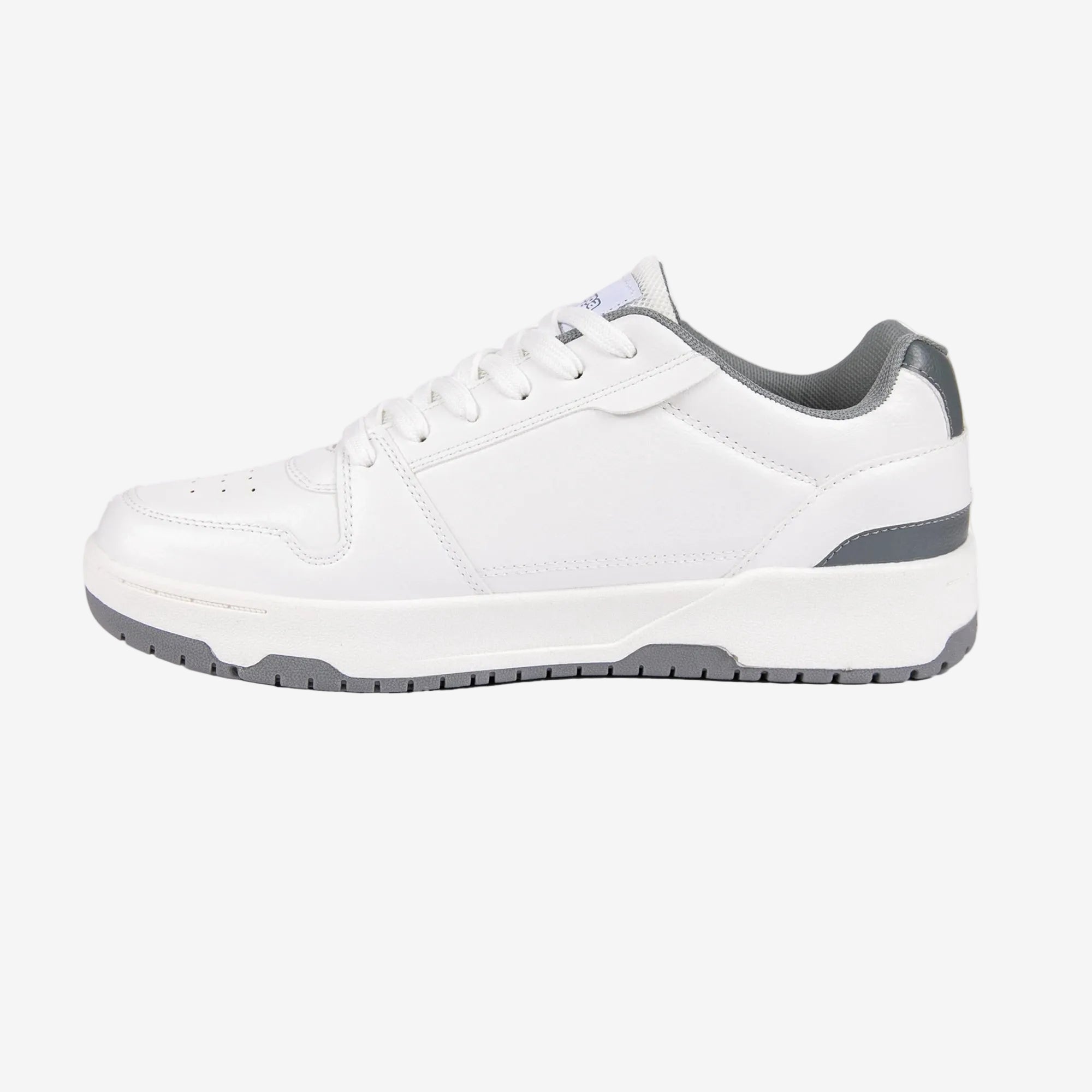 White sneaker with gray accents on a white background