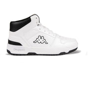 White high-top sneaker with black accents on a white background