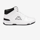 White high-top sneaker with black accents on a white background