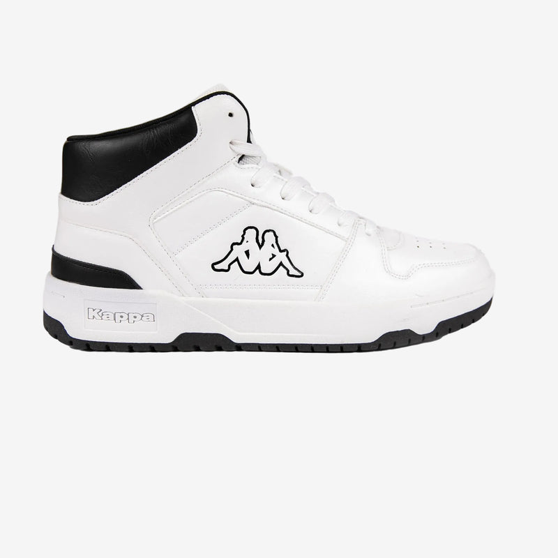 White high-top sneaker with black accents on a white background