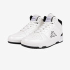 White sneakers with black soles and a visible brand logo on a white background