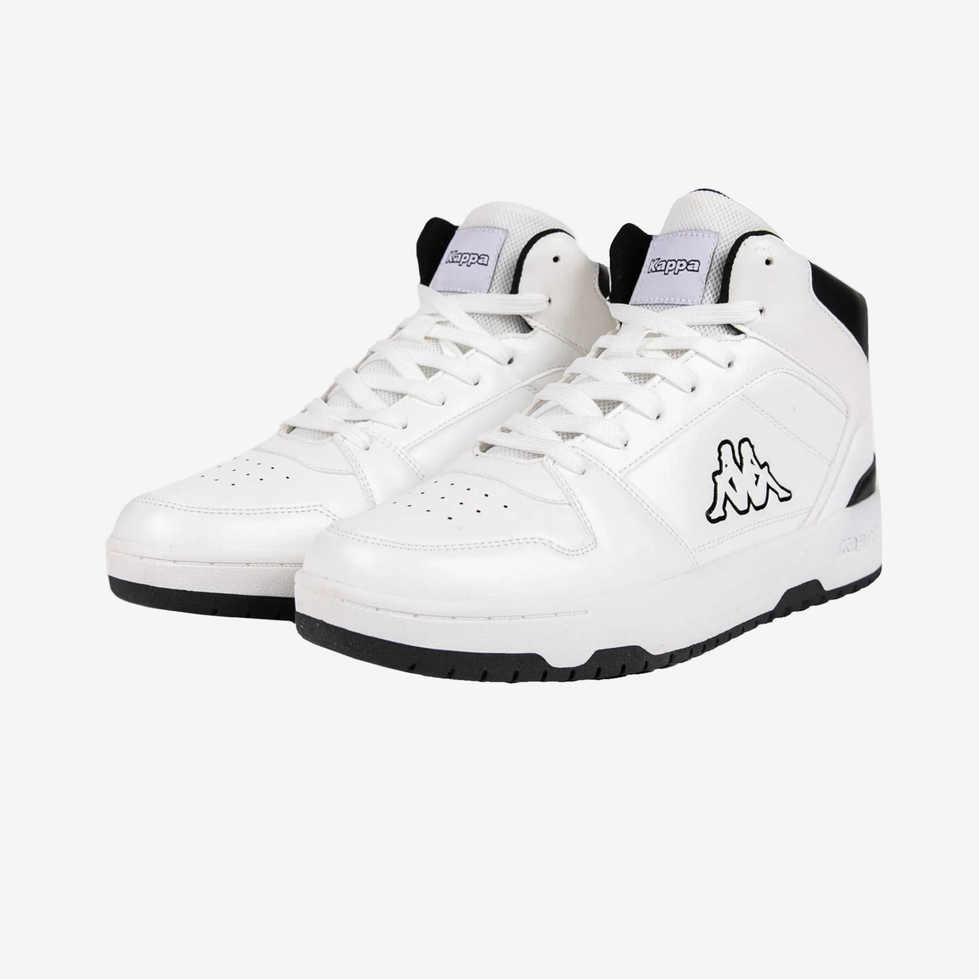 White sneakers with black soles and a visible brand logo on a white background