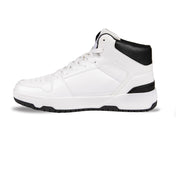 White high-top sneaker with black accents on a white background