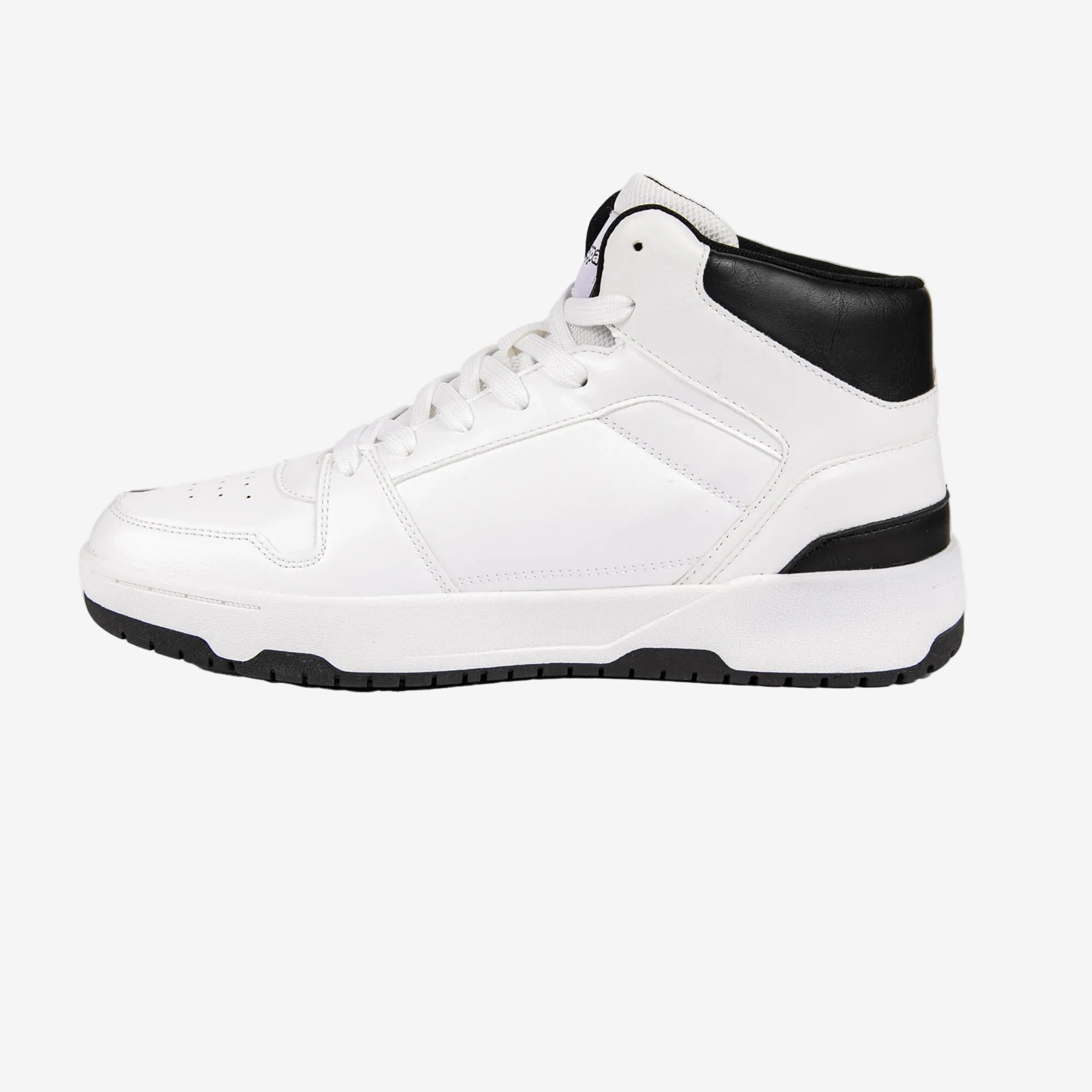 White high-top sneaker with black accents on a white background
