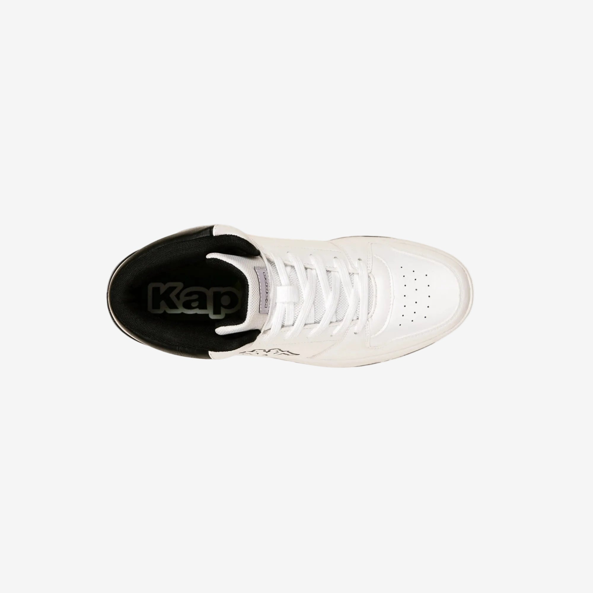 White sneaker with black sole on a white background
