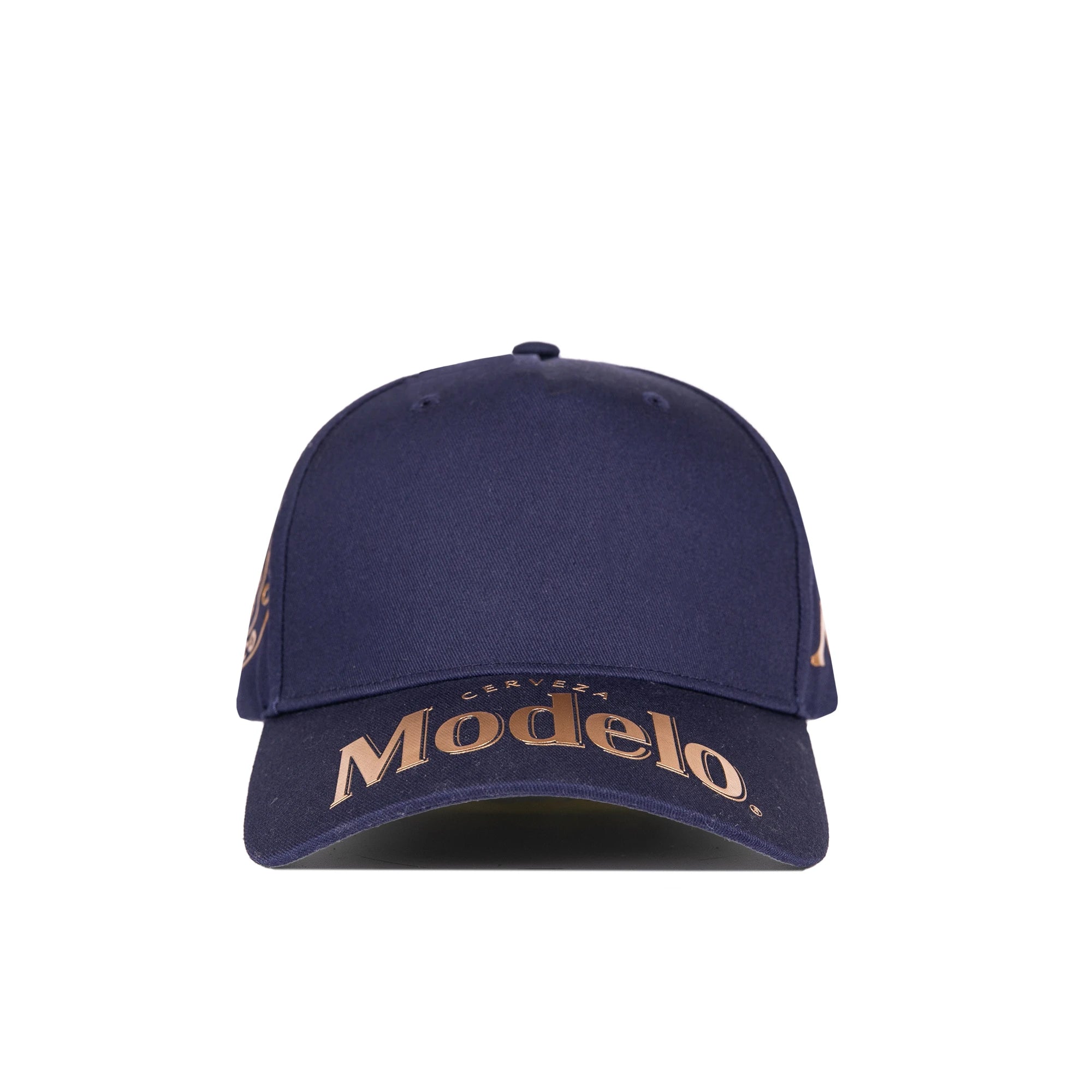 Navy blue cap with Modelo logo in gold across front bill.