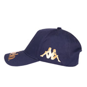 Left side of navy blue cap displaying Kappa Omini logo in gold.