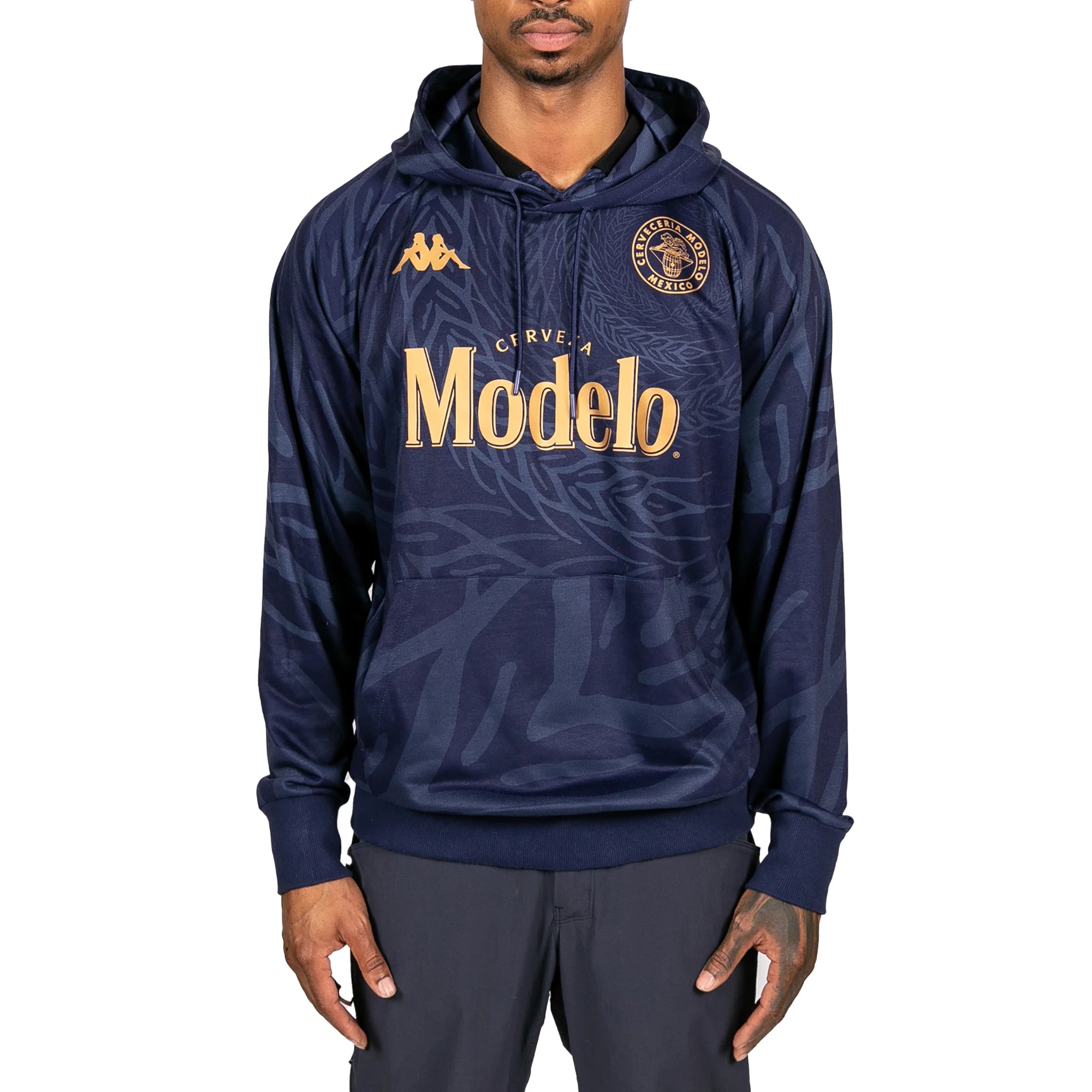 Male model wearing Ahop Modelo Hoodie in navy blue and gold. Front view.