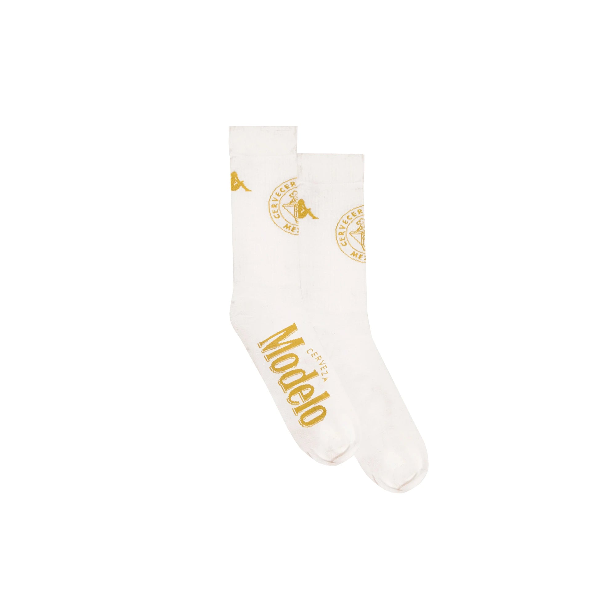 Davenob Modelo Socks in White Milk and Gold. Displays pair together showing Modelo and Kappa logos.