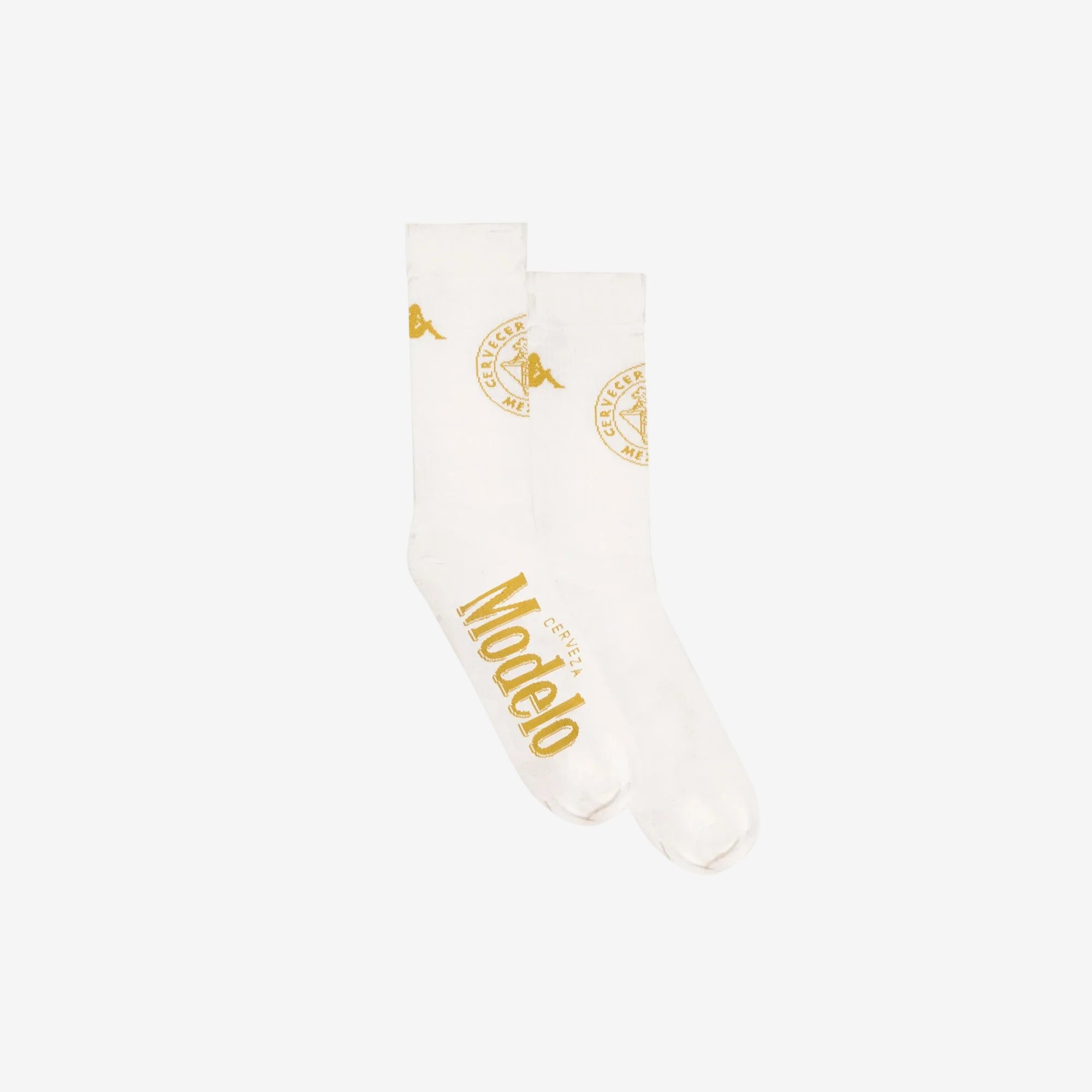 Davenob Modelo Socks in White Milk and Gold. Displays pair together showing Modelo and Kappa logos.