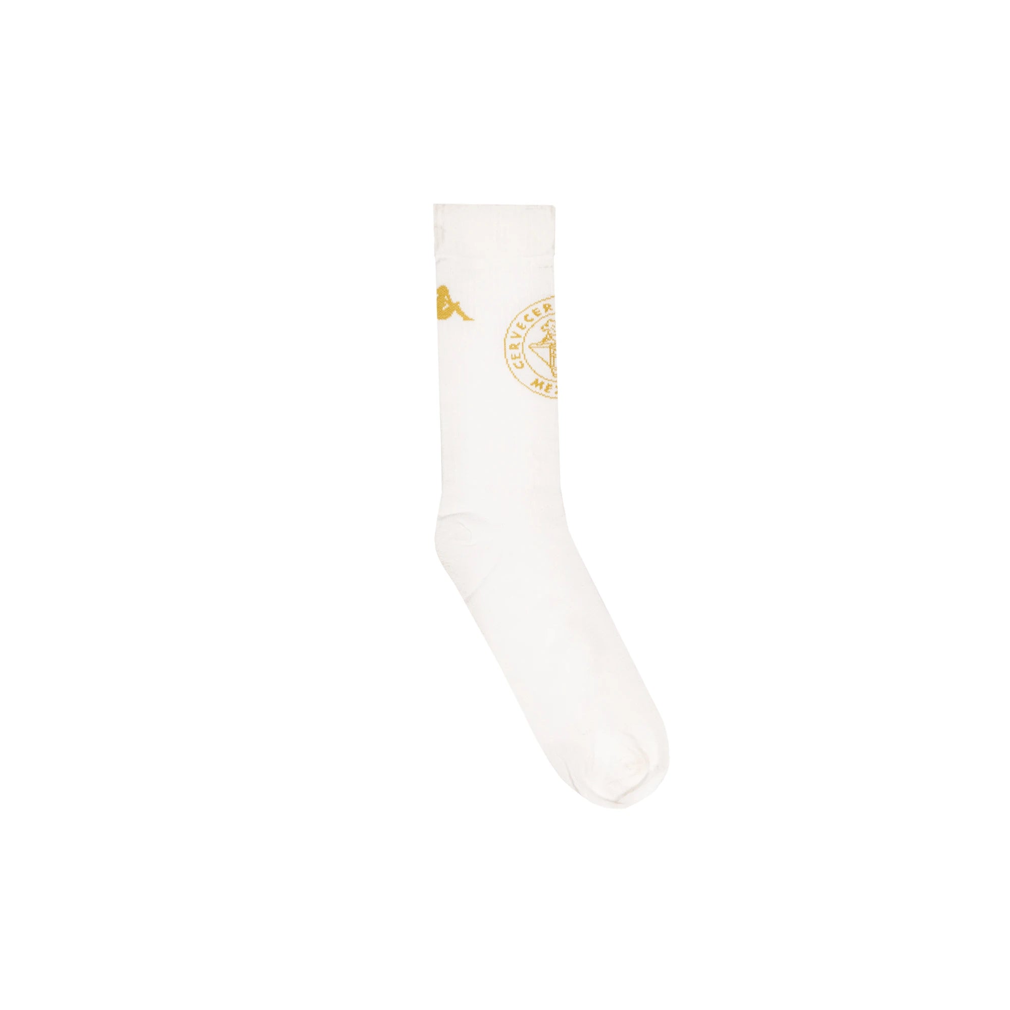 Davenob Modelo Socks in White Milk and Gold. Displays one showing Modelo and Kappa logos.