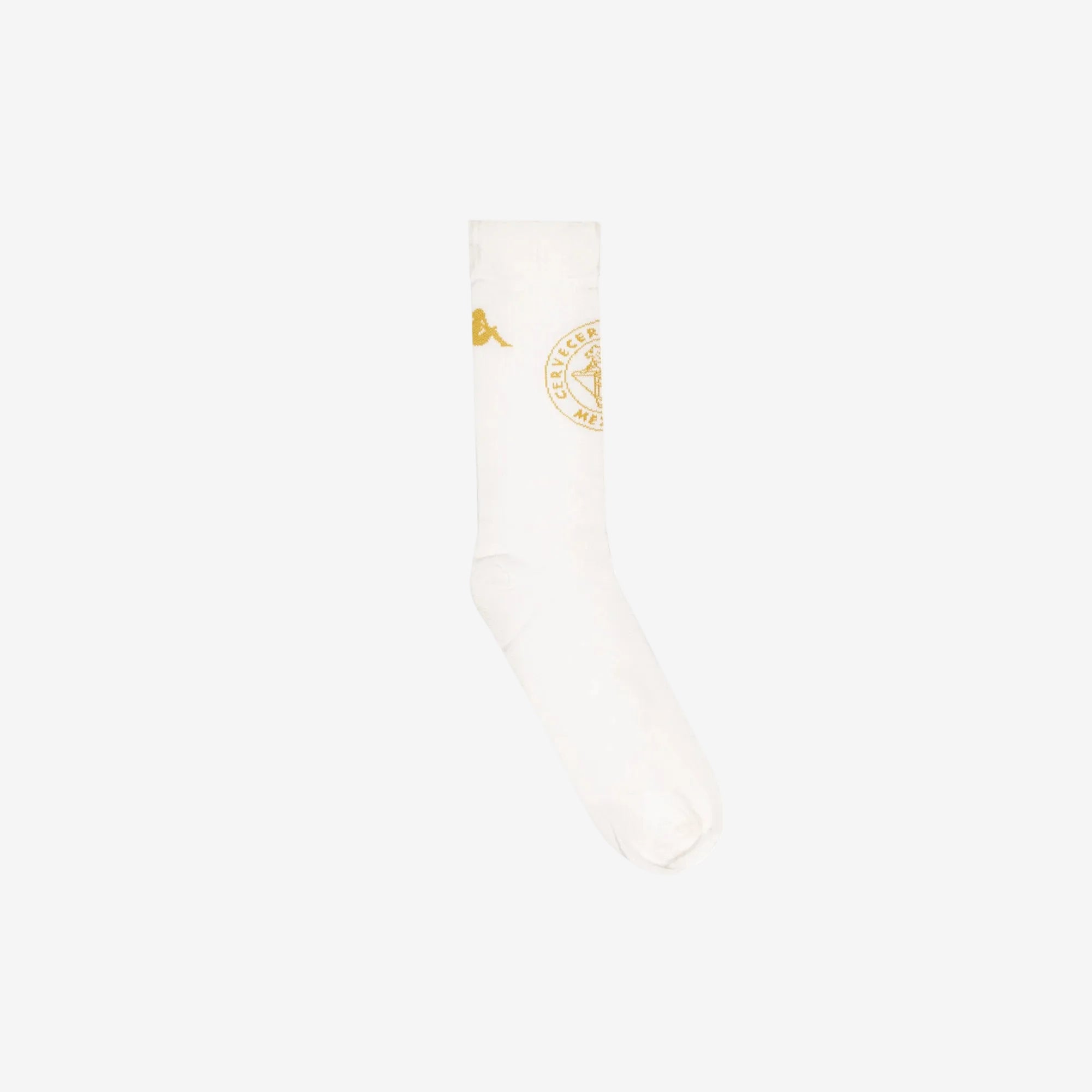 Davenob Modelo Socks in White Milk and Gold. Displays one showing Modelo and Kappa logos.