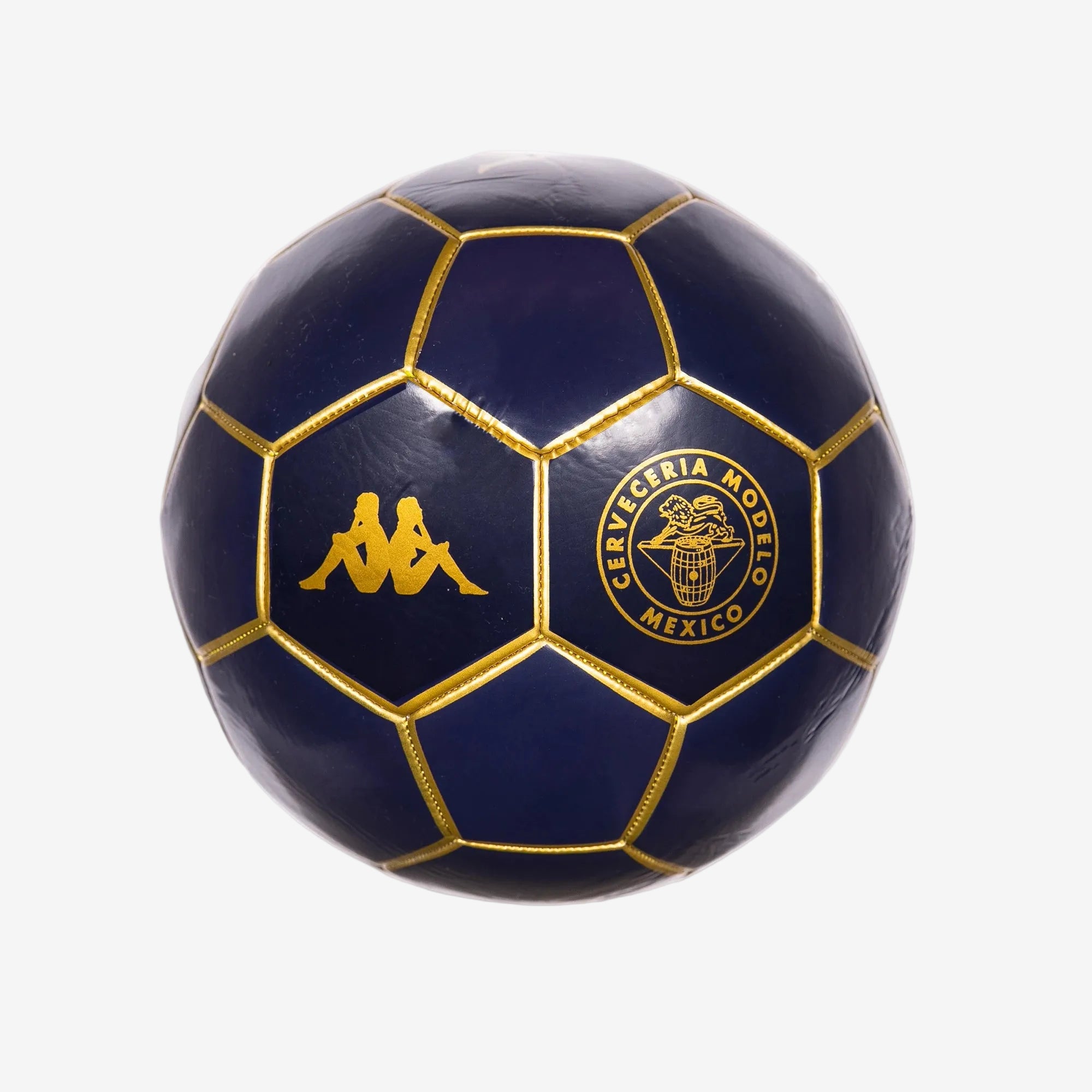 Blasty Modelo Soccer Ball in dark blue with gold details showing Modelo and Kappa logos.