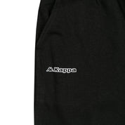 Detail view of Kappa lettering and Omini logo in white on black shorts.