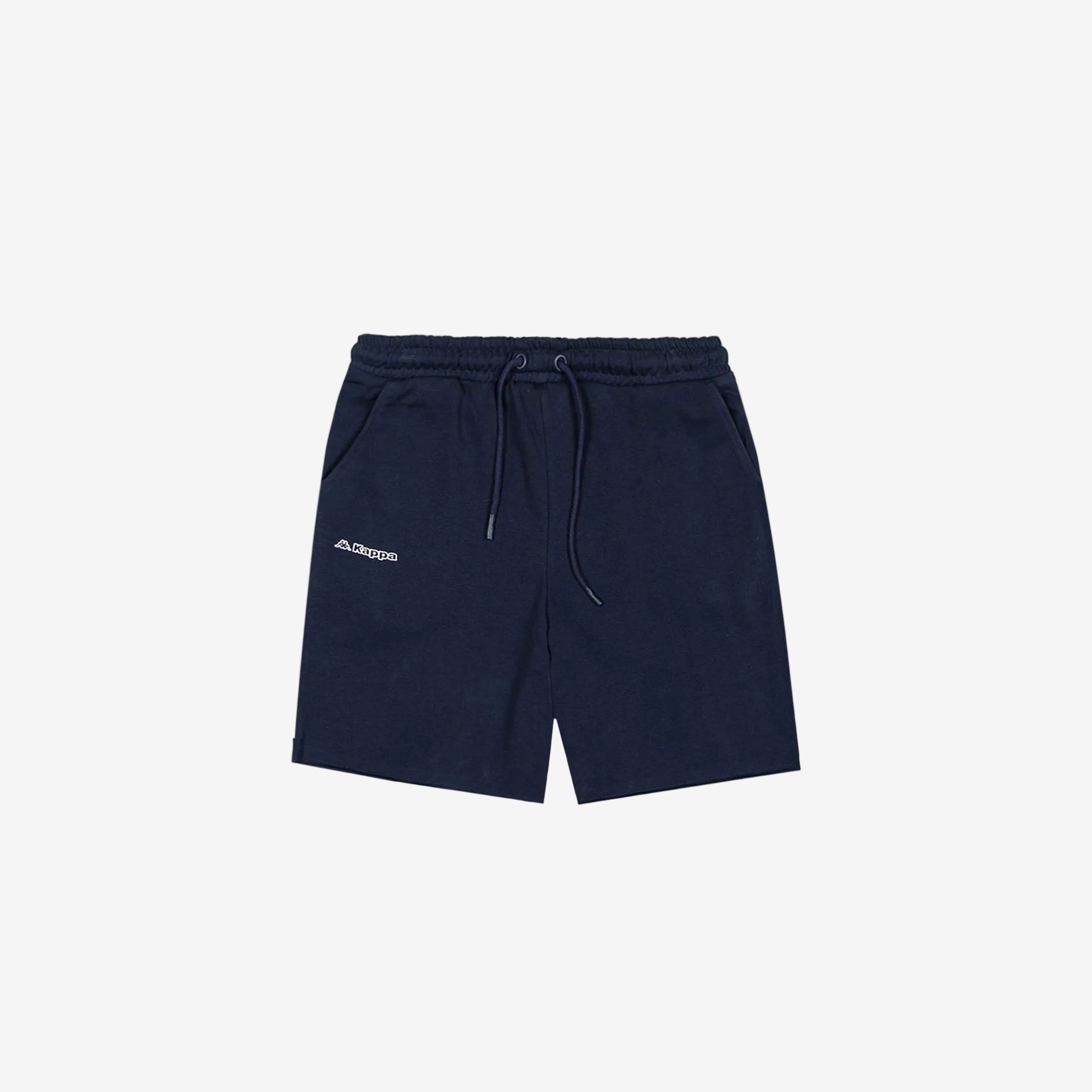 Navy blue shorts with Kappa text and Omini logo on right leg in white.
