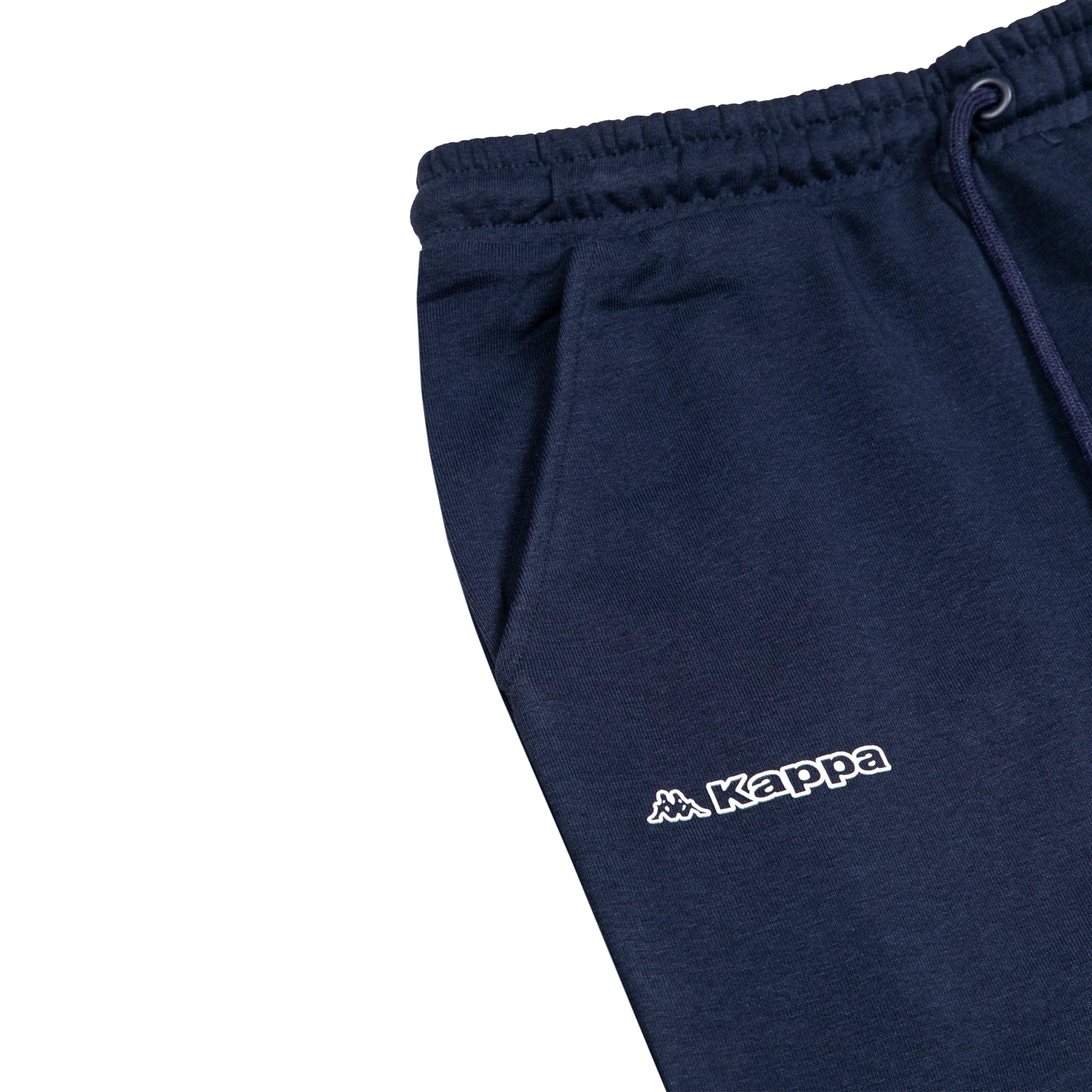 Detail view of Kappa text and Omini logo printed in white on navy blue shorts.