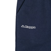 Detail view of Kappa text and Omini logo printed in white on navy blue shorts.