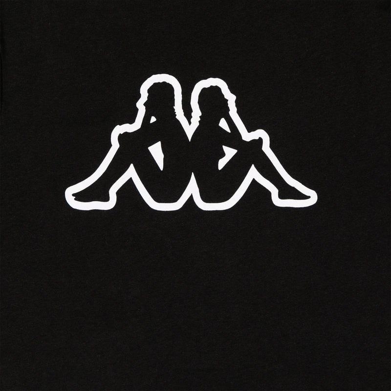 Black t-shirt with Kappa Omini logo in white. Detail view.