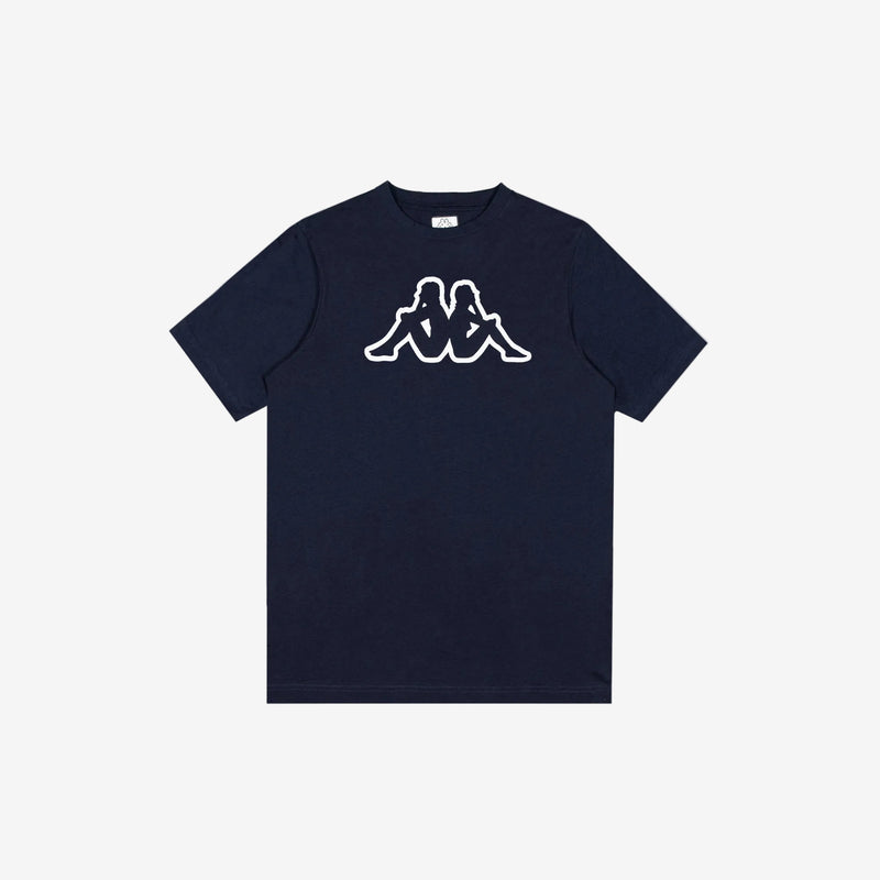 Dark blue t-shirt with Kappa Omini logo in white. Front view.