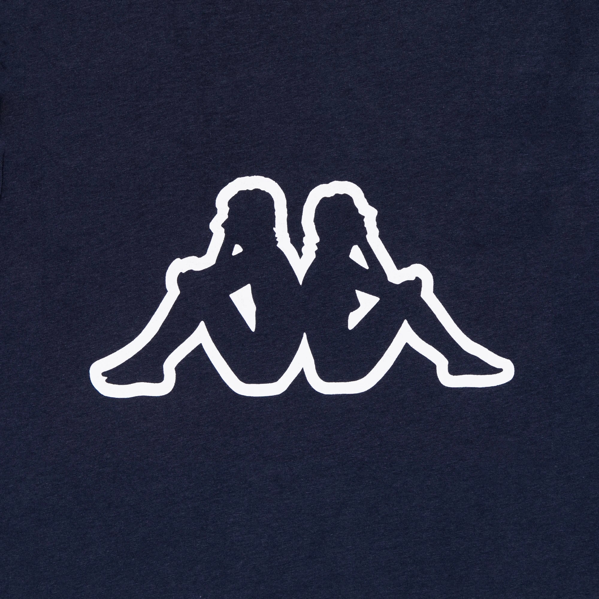 Dark blue t-shirt with Kappa Omini logo in white. Detail view.