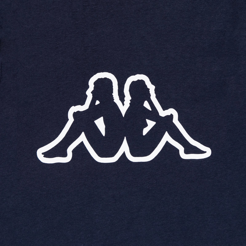 Dark blue t-shirt with Kappa Omini logo in white. Detail view.
