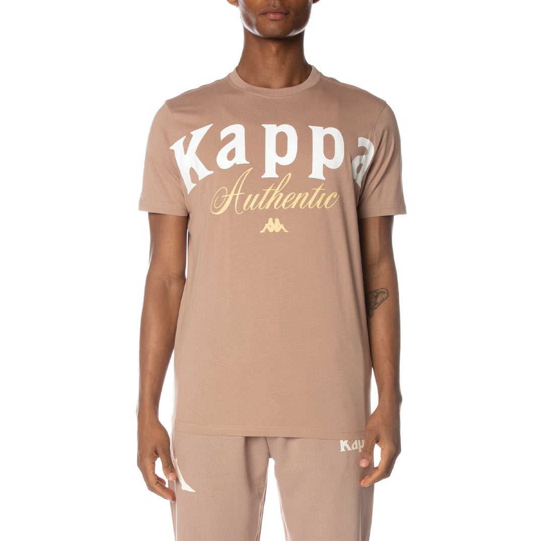 Kappa Men's Authentic Cheeks T-Shirt in Beige. Front view.